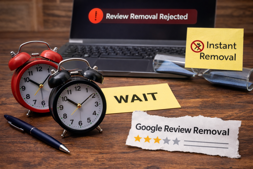 Google review removal waiting process with clocks and alerts