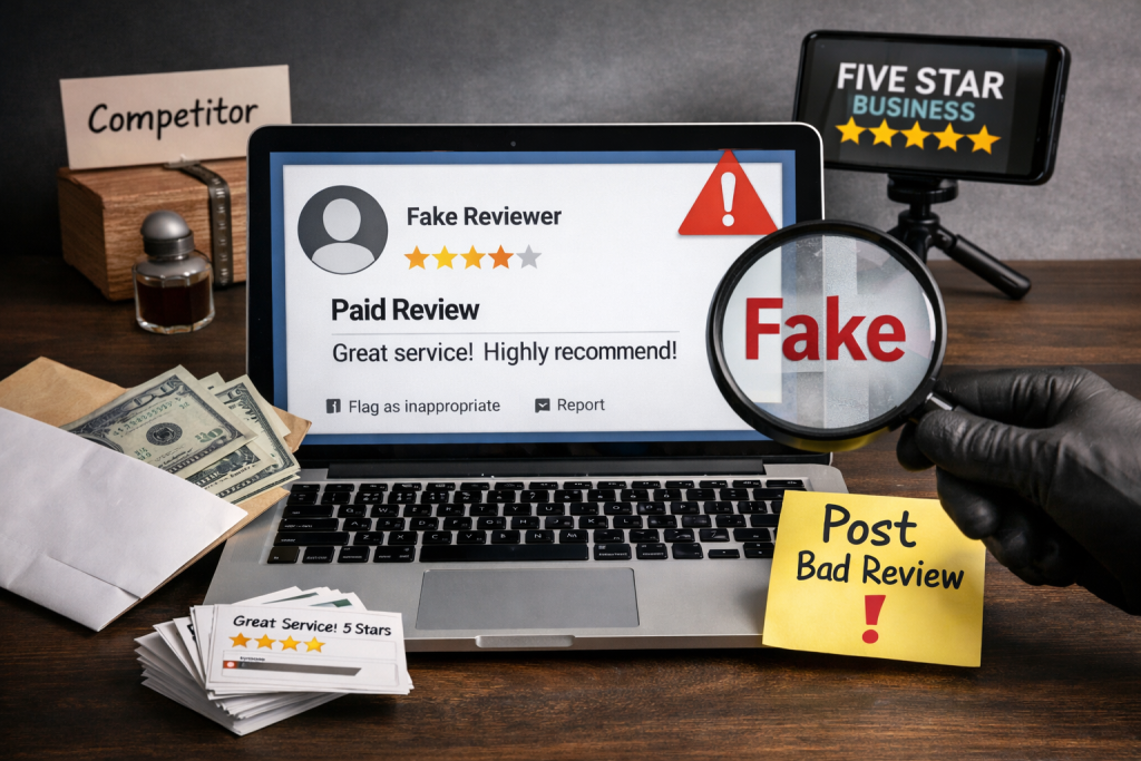 Fake online review being inspected on a laptop with a magnifying glass.